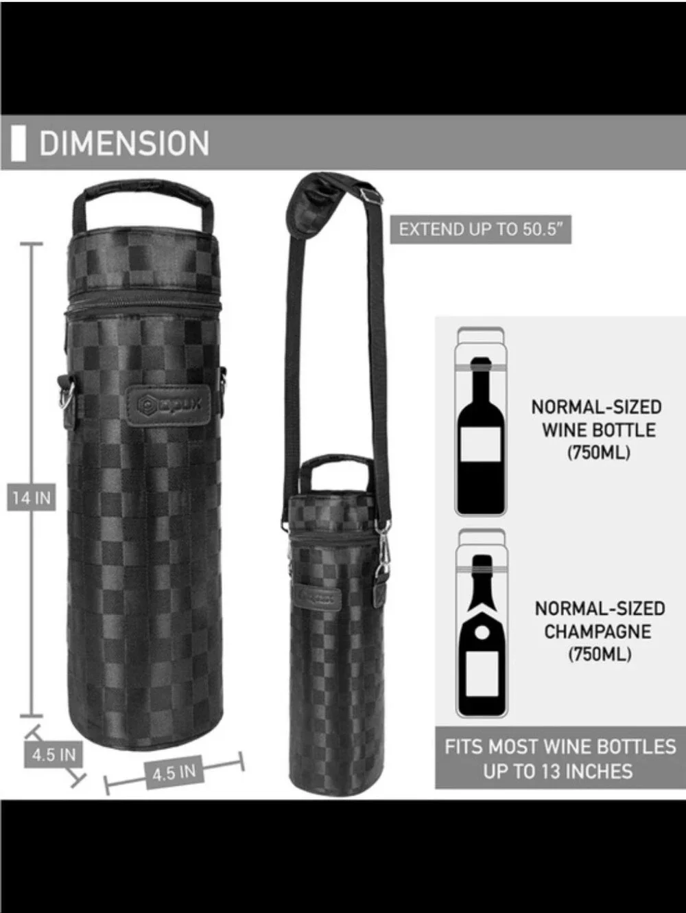 OPUX Checkered Black Insulated Wine Bottle Carrier Bag Adjustable Strap